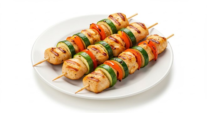 焼き鳥野菜串 美しい彩り食欲をそそる 白背景 (Yakitori yasai kushi utsukushii iroai shokuyoku o sosoru shiro haikei) Translation: Grilled chicken and vegetable skewers beautiful colors appetizing white background