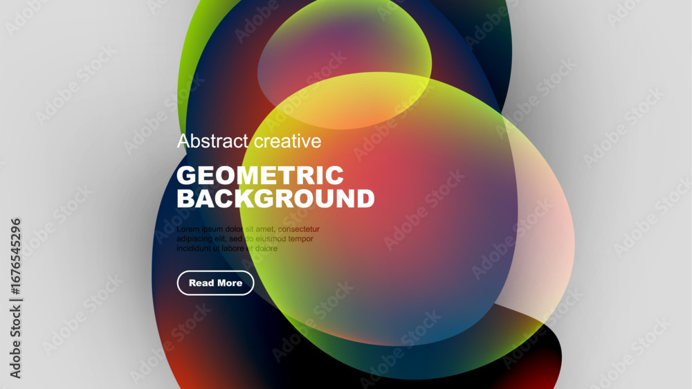 Poster abstract geometric shapes overlap, creating vibrant colorful background. text promotes creative desi