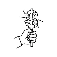 Economic fragility visualized: A stark line drawing of a hand clenching a crumbling dollar sign, symbolizing financial vulnerability and instability. 
