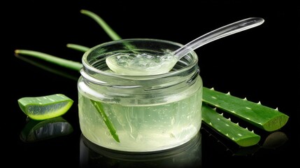 Aloe vera gel in a jar with spoon, plant cuttings on a black reflective surface