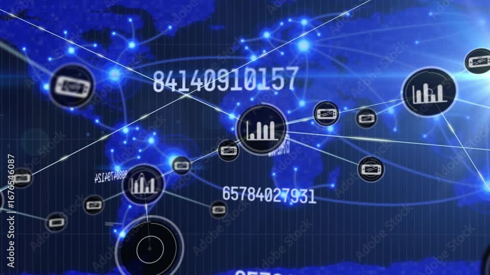 Poster animation of network of connections with icons over using data processing