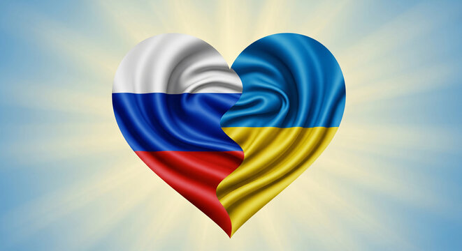 Russia And Ukraine Flags Forming Heart Shape Soft Gradient Background Symbol Of Love Hope Unity Peace Cinematic Illustration JPG - Powered by Adobe