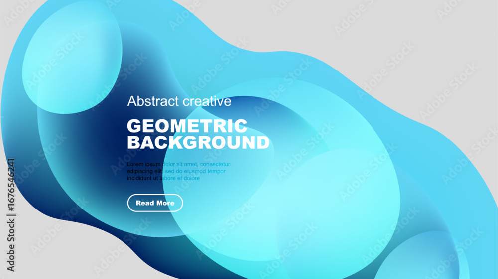 Poster abstract blue shapes overlap, creating dynamic geometric background. white text, button present. mod