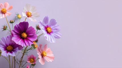 Floral arrangement of cosmos flowers in purple, pink and white on soft backdrop