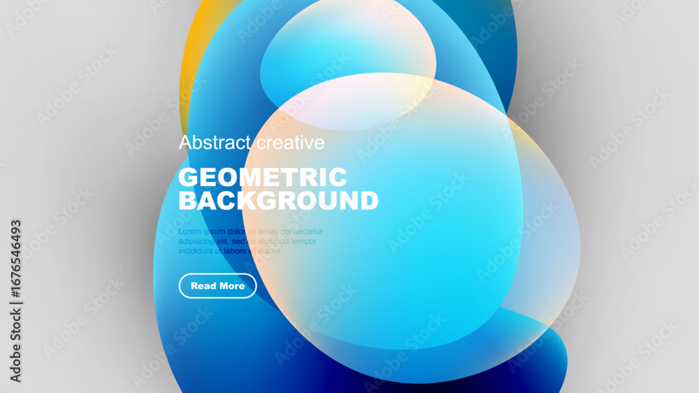 Poster abstract geometric background features overlapping colorful shapes, gradients, text, button. modern 