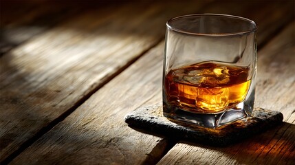 A glass of amber-hued spirit rests on a rustic wooden surface, illuminated by warm light, with ice cubes clinking softly.