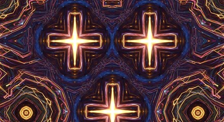 Abstract kaleidoscopic pattern with glowing crosses