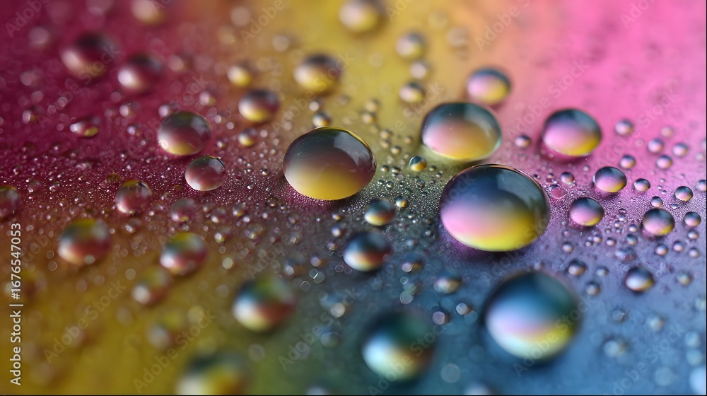 Poster close-up view of water droplets, brilliantly reflecting a spectrum of colorful hues across a texture