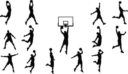 Basketball player silhouette collection, slam dunk, jump shots, sport poses, black vector clipart, action scenes, athletic male, isolated artwork