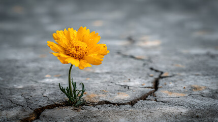 A single bright yellow flower growing in a crack of dry earth. 