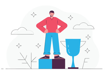 Victorious man celebrating triumph, trophy beside him, representing success and achievement in a modern design