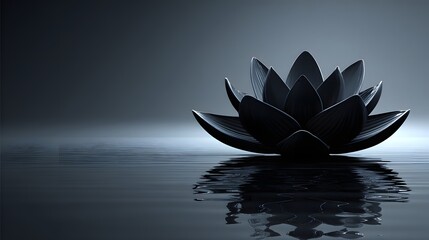 A serene, dark lotus flower rests gracefully on calm water, its intricate details highlighted against a muted backdrop.