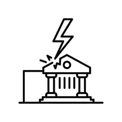 Power Surge Icon: An emblem of a building struck by lightning, rendered with a clean, minimalist vector style that signifies danger and energy.
