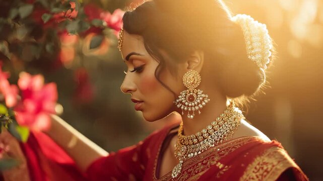 Serene Indian brides traditional wedding day look in red saree and gold jewelry