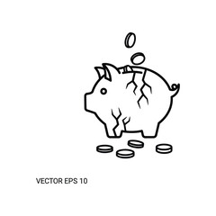 Broken Piggy Bank: A stark black and white illustration of a cracked piggy bank, with coins spilling out, vividly conveys financial hardship and loss. 