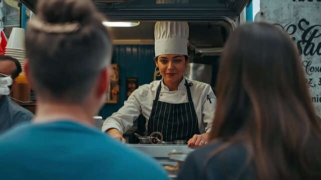 Smiling Female Chef in Toque Hat Serving Customers at a Vibrant Food Truck or Market Stall, Culinary Hospitality