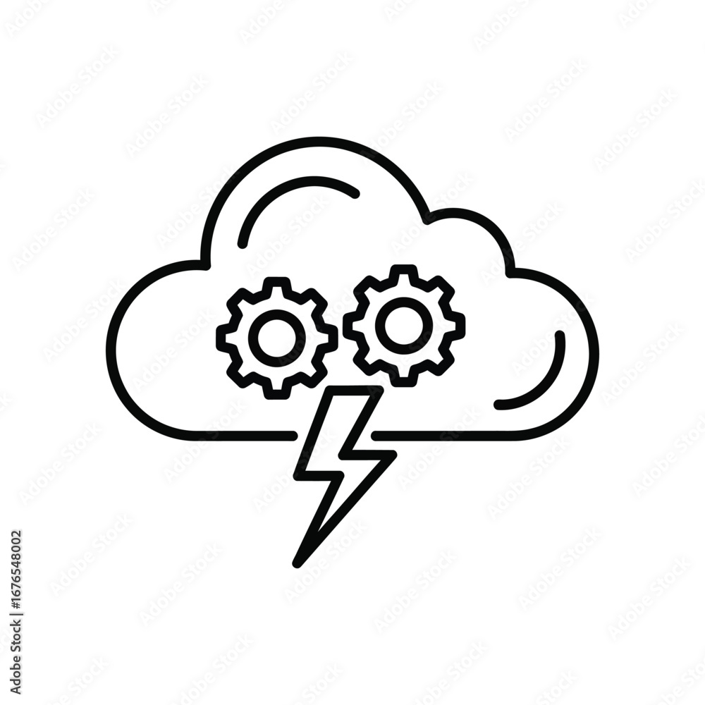 Aufkleber cloud computing illustration: a monochrome illustration of a cloud with gears, and a lightning bolt,