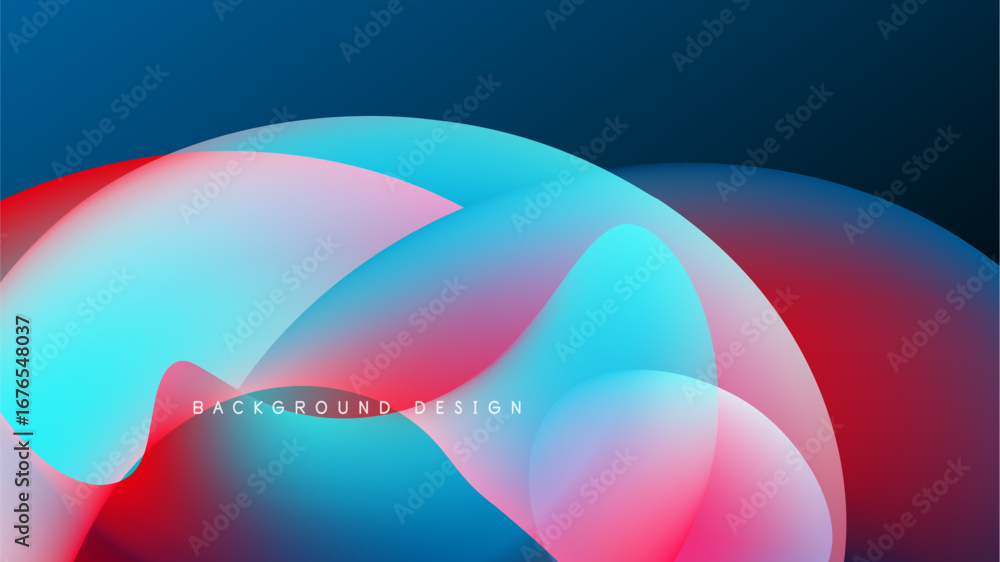 Poster abstract fluid shapes overlap, creating vibrant blue, pink hues. dark background emphasizes flowing 