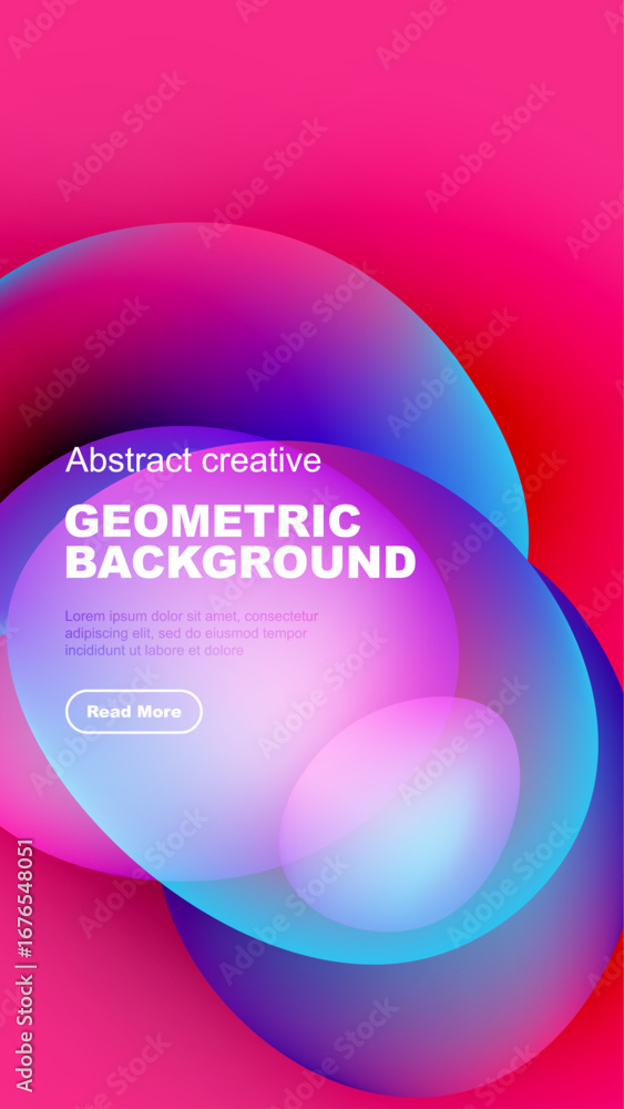 Aufkleber Vibrant abstract design features overlapping colorful shapes, text, button on black background. Modern, dynamic composition.