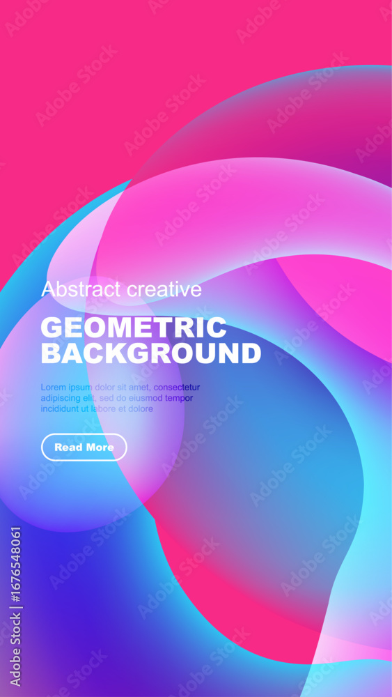 Poster abstract shapes overlap, creating vibrant gradients. text promotes content with button. modern desig