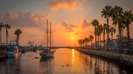 A beautiful harbor scene at sunset, featuring a sailboat and palm trees lining the waterfront.
