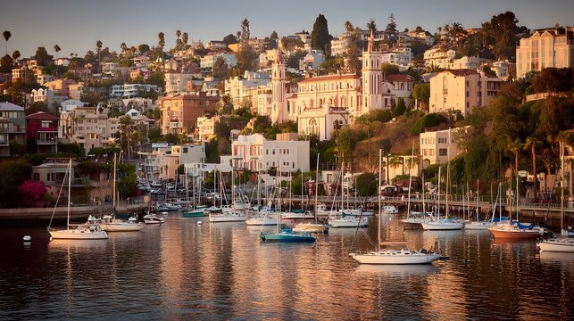 A picturesque harbor scene at sunset, showcasing a hillside city with colorful buildings and moored sailboats reflecting golden light on the calm water.