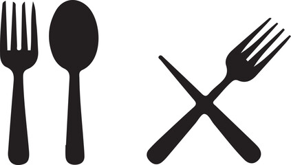 Fototapeta premium A minimalist black and white icon set of cutlery silhouettes, featuring a fork and spoon pair and two crossed forks for dining concepts.