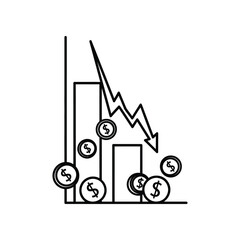 Economic Downturn: A stark illustration of economic decline. Downward trend, depicted by a graph and coins symbolizing financial loss and uncertainty.