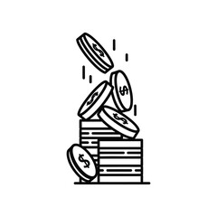 Falling Coin Accumulation: Line art representation of coins cascading into a neat stack, illustrating concepts of financial growth and savings.