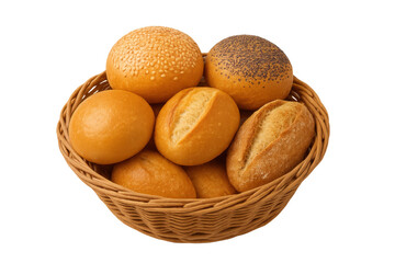 Wicker basket overflowing with freshly baked bread rolls on transparent background