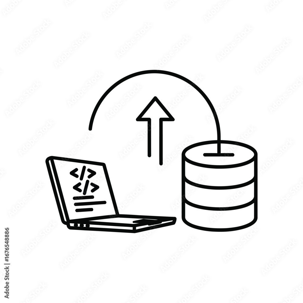 Poster data transfer and innovation: a minimalist graphic of a laptop uploading to a database. the image em