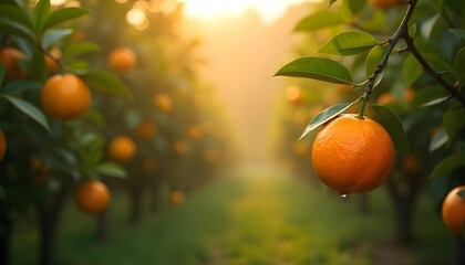 Orange garden with ripe oranges on tree branches. Beautiful orange trees in an orchard. Fruit trees laden with ripe fruits. Juicy citrus fruits ripening in the sun