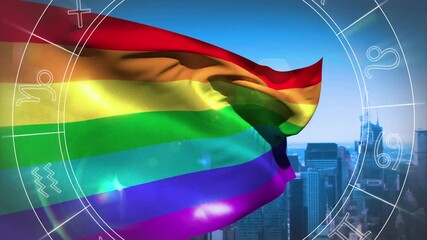 Animation of zodiac signs over lgbt flag and cityscape - Powered by Adobe