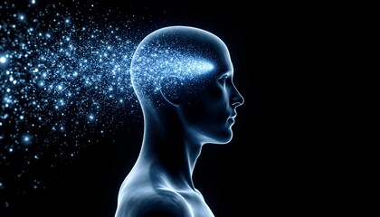 Glowing human head profile with bright particles, representing the powerful mind and digital intelligence.