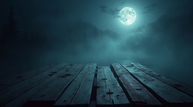 Misty moonlight over wooden pier night