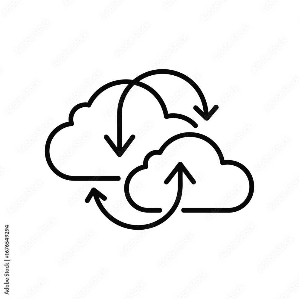 Aufkleber cloud data synchronization icon: streamlined black-and-white vector illustrates data flow, symbolizi