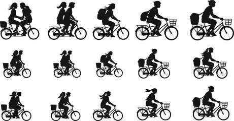 Bicycle silhouettes, people riding bikes, cycling vector, couple on bicycle, delivery rider, transport design, fitness exercise, healthy lifestyle, outdoor commute
