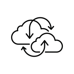 Cloud Data Synchronization Icon: Streamlined black-and-white vector illustrates data flow, symbolizing seamless digital communication and information management in a clear, modern aesthetic.