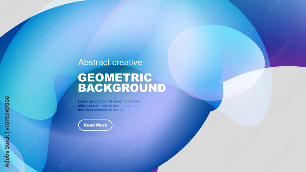 Poster fluid shapes overlap, creating vibrant blue gradient background. text promotes geometric design, inv