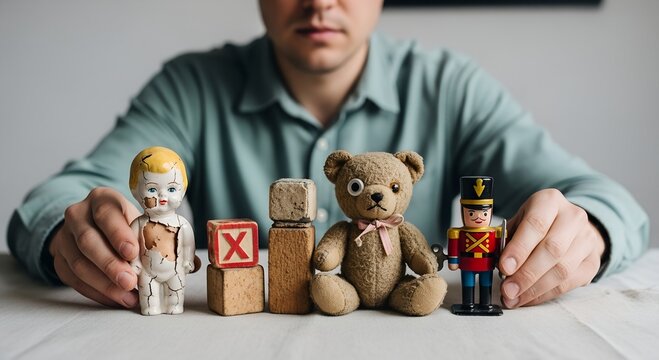 Man holding vintage toys on a table with soft lighting and neutral colors  