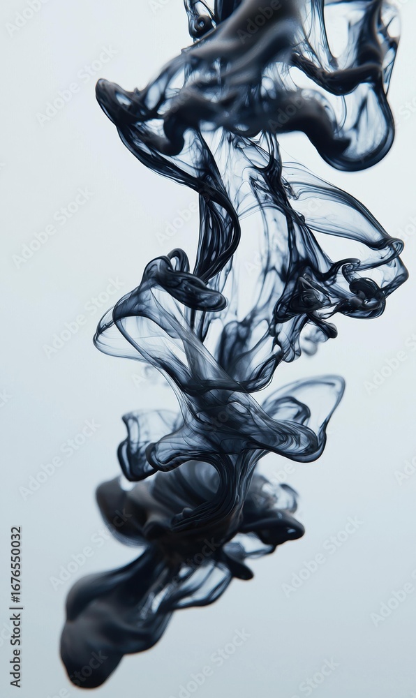 Poster dark fluid swirls and mixes in a pale, neutral background, creating abstract shapes and patterns. ai