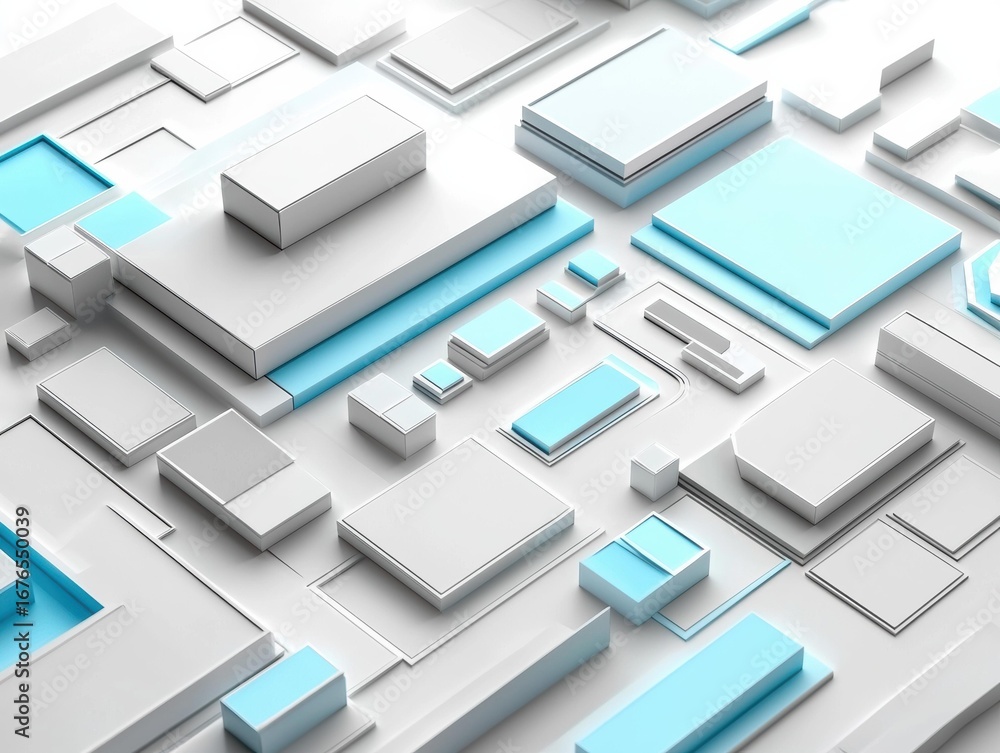 Poster white and light blue rectangular shapes of various sizes are arranged on a white surface. ai.