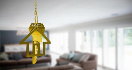 Animation of golden key and house over empty house interior - Powered by Adobe