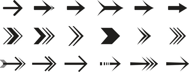 Set of black arrow icons pointing right in different styles. Modern direction symbols for navigation, interface, and graphic design. Bold pointer collection isolated on white background.