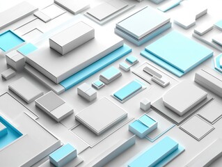 White and light blue rectangular shapes of various sizes are arranged on a white surface. AI.