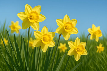 Fototapeta premium Yellow Daffodil Flowers Blooming Under Blue Sky