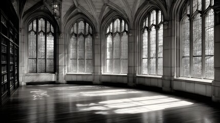 A grand, arched hallway, bathed in sunlight, showcasing a series of tall, intricate windows, creates a serene and historical ambiance.