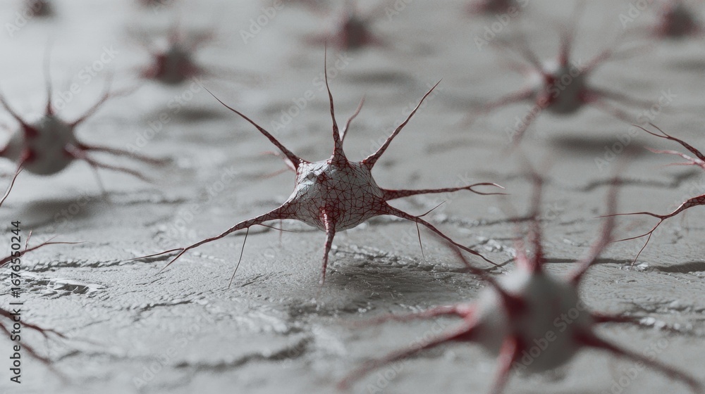 Poster abstract textured spheres with red veins and spikes sit on a rough white surface in a shallow depth 