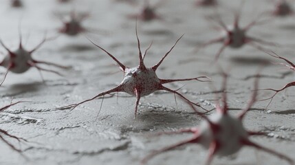 Abstract textured spheres with red veins and spikes sit on a rough white surface in a shallow depth of field. AI.