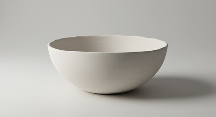 A simple, empty, off-white ceramic bowl sits on a plain surface, casting a soft shadow to the right.